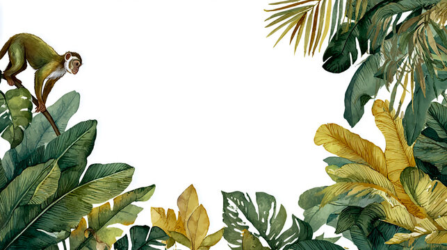 monkey climbing tropical leaves watercolor illustration