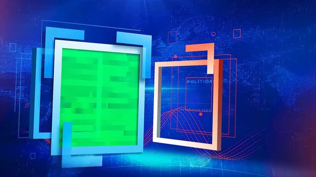 Modern 3D News Promo Slideshow: Global Political Information Broadcast with Digital Abstract Frames and Chroma Key Green Screen Placeholder 