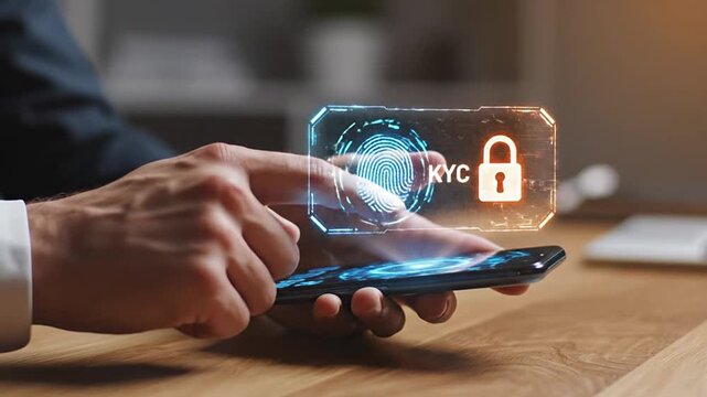 Digital KYC identity verification on smartphone with biometric fingerprint for secure customer onboarding, regulatory compliance, and fraud prevention. Essential for financial services, fintech, and..