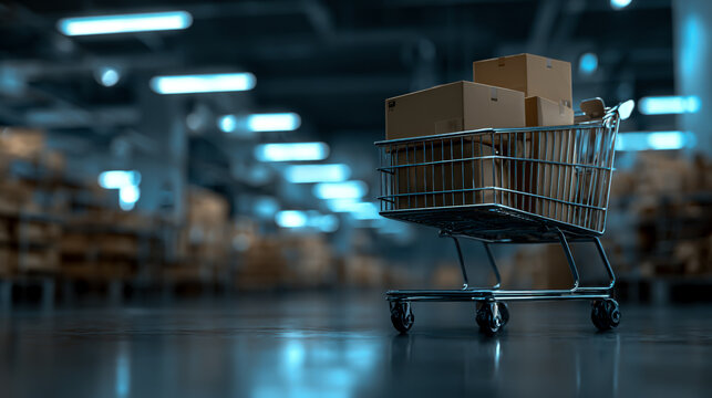 Shopping cart with cardboard boxes in warehouse