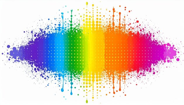 Vibrant rainbow-colored paint splatter creates abstract art on white background