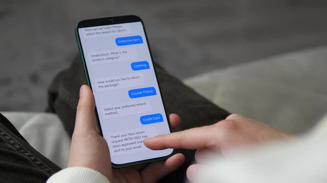 Customer interacting with an AI chatbot for a product return. Smooth mobile UI showcasing automated retail support and instant refund approval. Perfect for e-commerce, AI technology, and digital