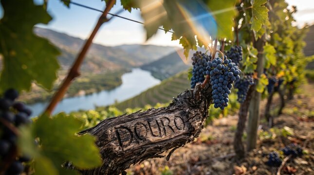 Douro Valley vineyard with ripe grapes and a river in the background