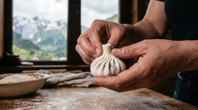 Detailed hand-pleating of traditional Georgian khinkali dumplings with focus on the dough folds.
