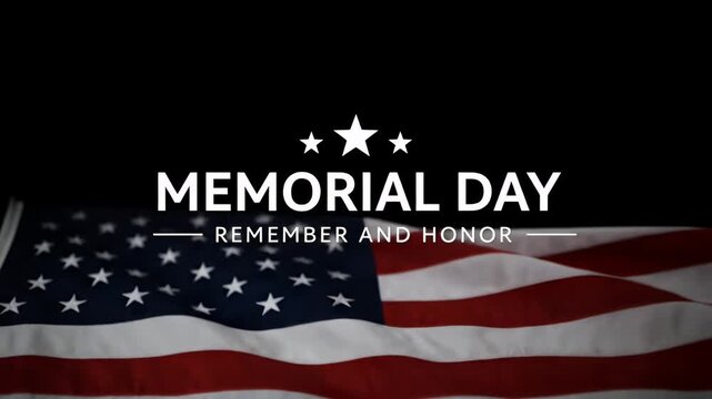 Memorial day remember and honor text with american flag waving on black background .