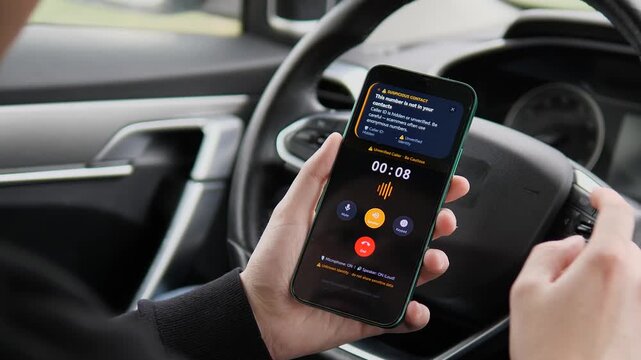 Modern smartphone identifies a scam call inside a vehicle. Screen displays Suspicious Contact with unverified caller alerts. Essential for cybersecurity training, fraud prevention ads, and mobile