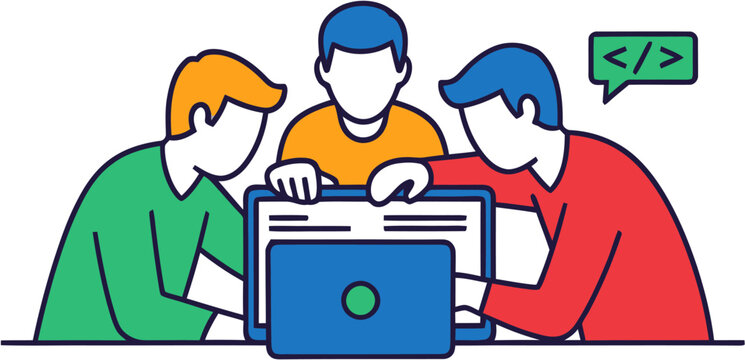 Collaborative team of software developers working together on a laptop, focused on programming code and solving technical challenges to create new digital solutions