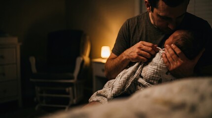 Fototapeta premium Father holding newborn baby in dimly lit room with soft lamp light
