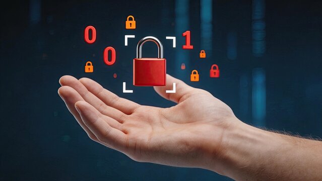 Human hand holding red padlock surrounded by binary code zeros ones and orange lock icons against dark blue digital background illustrating cybersecurity data privacy encryption