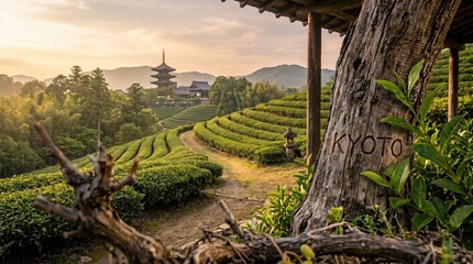Obraz premium Kyoto Tea Fields with Pagoda and Carved Tree