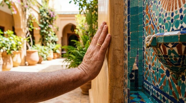 Detailed view of traditional Moroccan tadelakt plaster and zellige tilework in a sunlit riad interior.