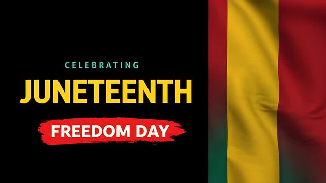 Celebrating Juneteenth freedom day with waving Pan-African flag on black backgrounds