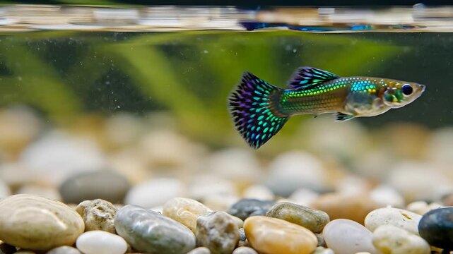 Close up of a vibrant colorful male fancy guppy fish swimming in a clear freshwater aquarium over pebble gravel