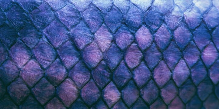 Macro view full frame wide banner of shimmering purple and blue fish scales texture.