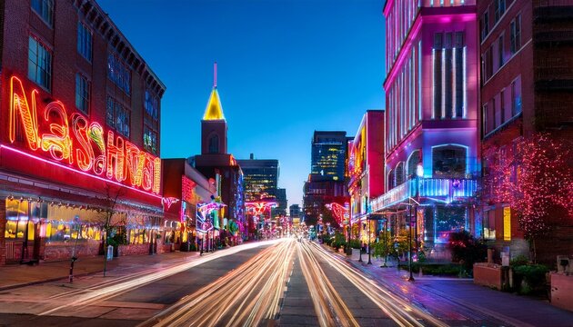 a bustling city street in nashville tennessee illuminated by vibrant neon signs and streetlights at night