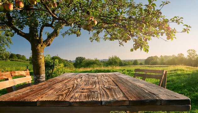 charming wooden table beneath an apple tree inviting a countryside feast
