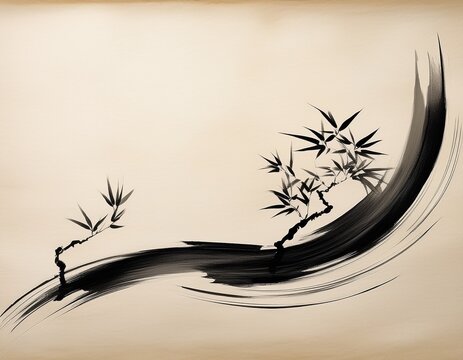sumi e bamboo brush stroke single sweep of black ink on rice paper zen minimalism
