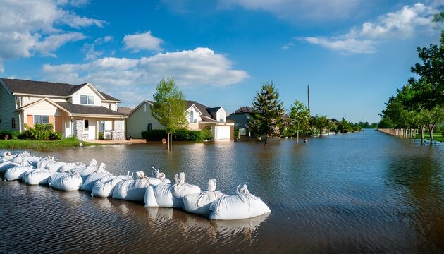flood protection effort with sandbags in a suburban neighborhood under water