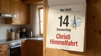 Calendar page marking ascension day in wooden kitchen setting