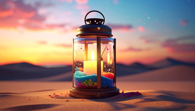 Lantern in the Desert at Sunset - A Warm and Peaceful Scene.