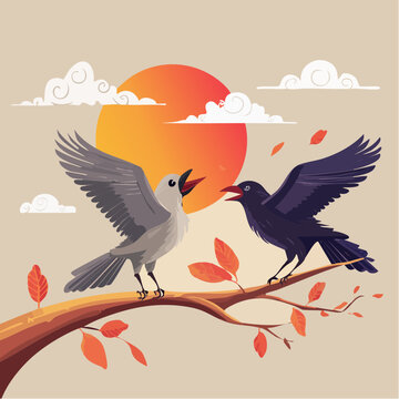 Two birds on a branch at sunset