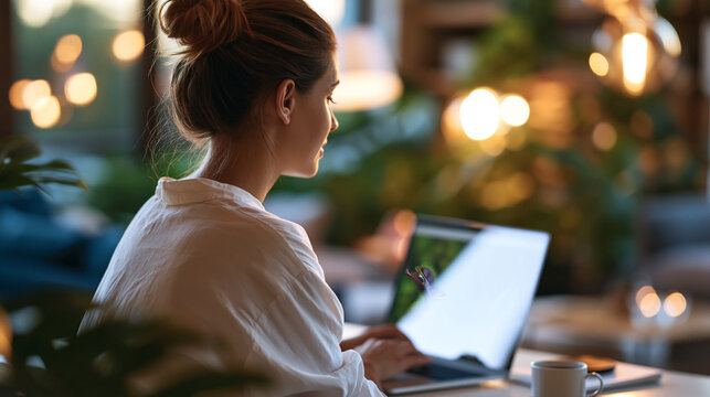 Faceless person in home using laptop for online telehealth video mental health therapy and counseling during a remote session in a comfortable setting