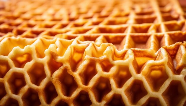 close up of golden waffle texture with crisp grid pattern