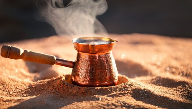 turkish coffee brewing on hot sand copper pot cezve authentic brewing method