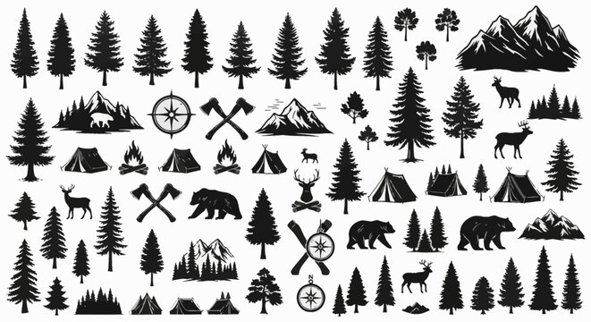 Set of black silhouette forest and mountain landscapes with pine trees and firs.