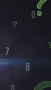 Vertical video: Pale digits rising, urging green question mark entering and floating, showing doubt