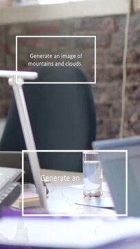 Vertical video: Prompt typing starting desk UI, mountain rotating, house settling to show output