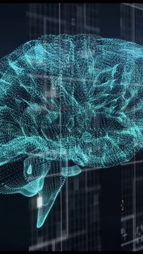 Vertical video: Data-driven teal brain pointcloud rotating, pulsing, revealing cortex for analysis