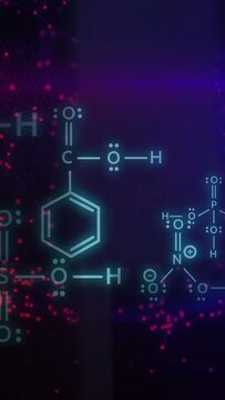 Vertical video: Cyan molecule appearing left, sliding, pulsing, zooming to emphasize benzene ring