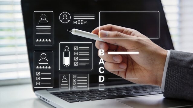 Human resources manager selecting candidate profile on laptop screen, recruitment process concept, employee hiring interface, resume screening, talent acquisition dashboard with