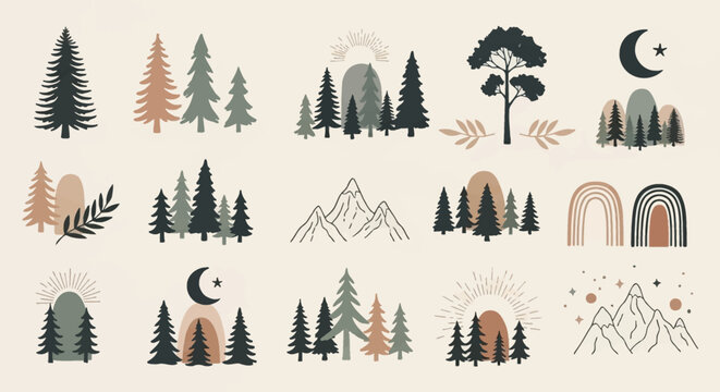 A collection of minimalist boho abstract nature illustrations featuring trees, mountains, sun, moon, and rainbows in earthy tones.
