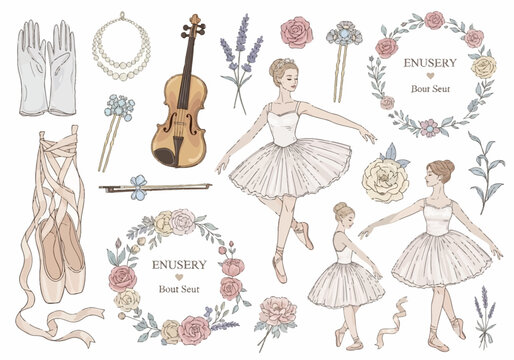 A collection of delicate illustrations featuring ballet dancers, pointe shoes, a violin, and floral elements, evoking a sense of grace and artistry.