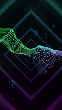 Vertical video: Colorful waveform entering left and undulating, shifting colors as looping visual
