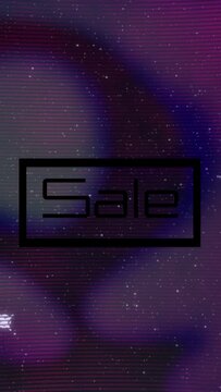 Vertical video: Cyan pixels entering right spurring glitch, Sale box holding center promoting sale