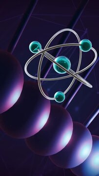 Vertical video: Camera panning right, purple helix holding as atoms drifting, orbiting showing grid