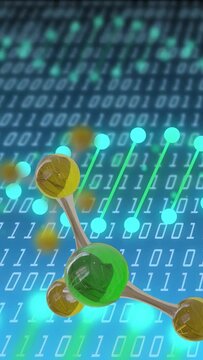 Vertical video: Camera panning, molecule rotating, nodes pulsing, binary, showing data chemistry