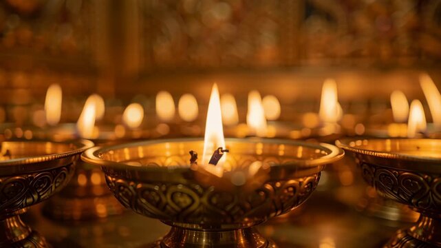 Row of burning brass oil lamps flickering in an ornate temple interior during a prayer ceremony