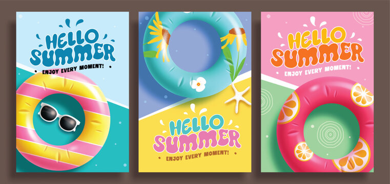 Hello summer greeting banner clipart template design. Hello summer text with inflatable swim rings and beach elements in colorful abstract background for tropical season poster vector illustration. 