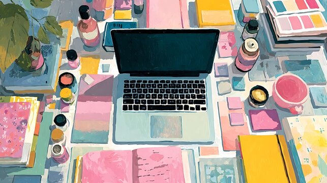 Laptop computer on colorful desk with art supplies and plants books pink yellow.
