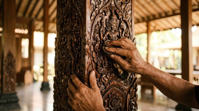 Detailed wood carving on a central teak pillar in a traditional Indonesian Joglo house interior.