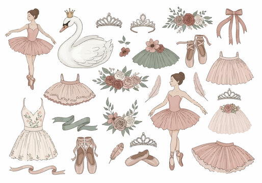 A collection of ballet-themed illustrations featuring ballerinas, tutus, pointe shoes, tiaras, and a swan.
