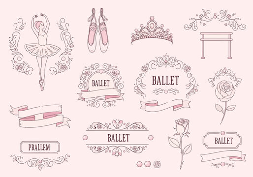 Collection of elegant ballet-themed decorative elements including a ballerina, pointe shoes, tiara, roses, and ornate frames with the word "Ballet" and "Prallem".