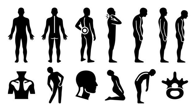 Chiropractic Body Pain and Posture Silhouette Icons Set