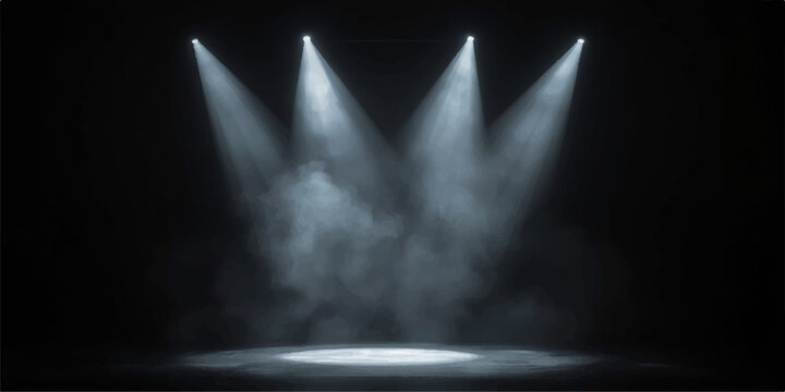 Blue stage spotlights glowing in a dark theater night concert scene with beams of light and motion in a vibrant party atmosphere
