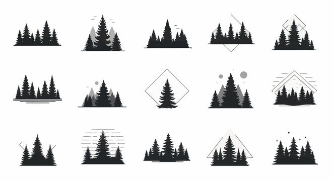 Collection of stylized pine tree forest silhouettes with geometric shapes and abstract elements.