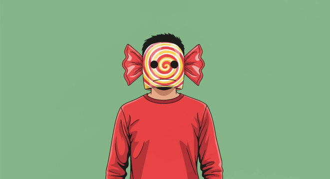 Vector illustration of a man wearing a red long-sleeve shirt with a red and yellow swirl candy mask featuring red wrapper ears, set against a solid green background.